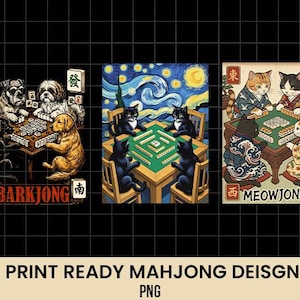 May include: Three print-ready Mahjong designs on a black background. The designs feature dogs, cats, and a starry night theme. The text "BARKJONG" and "MEOWJONG" are included in the designs. The designs are in a PNG format.