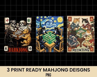 Mahjong Lover Gift Cat Playing Mahjong PNG, Starry Night Van Gogh Style Design, American Mahjong Tile Game Art, Vintage Chinese Cat Mahjong