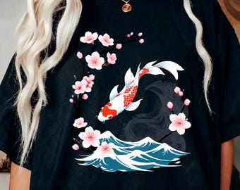 Arte oriental de olas con peces koi japoneses y flores de cerezo (descarga digital)