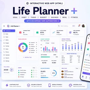 May include: An interactive web app dashboard titled Life Planner+ displayed on a desktop screen and a smartphone. The interface features sections for goals, habits, tasks, budget, savings, meal, and fitness tracking with charts, progress bars, and a focus mode timer. The design uses a light theme with blue and purple accents.