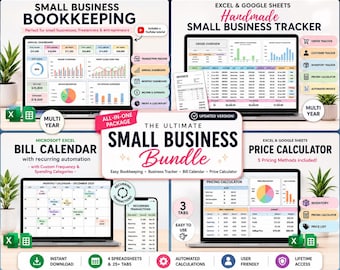 Paquete de hojas de cálculo para pequeñas empresas: contabilidad, inventario, seguimiento de pedidos, calculadora de precios para productos hechos a mano, Google Sheets y Excel.