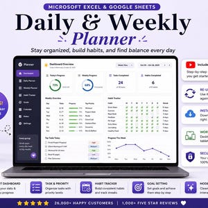 Weekly Planner Google Sheets | Daily Task, Habit Tracker (Digital Download)