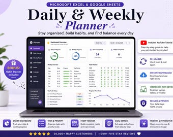 Planificador semanal en Google Sheets / Seguimiento de tareas y hábitos diarios (Descarga digital)