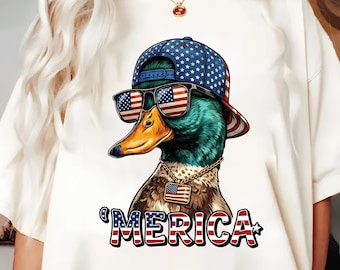 Imagen PNG de un pato ánade real patriótico: divertido diseño de sublimación para el 4 de julio con temática estadounidense (descarga digital).