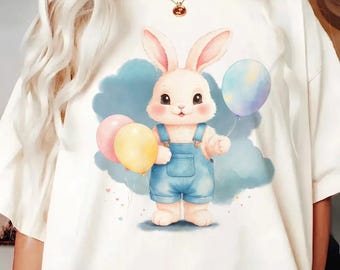 Conejo en acuarela PNG, conejo con globos, diseño para sublimación (descarga digital)