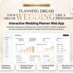 Peut inclure: Un tableau de bord d'application web de planification de mariage interactif affichant un compte à rebours, un graphique budgétaire, le nombre d'invités et une liste de tâches. L'interface inclut des étiquettes pour dashboard, budget, guests, RSVP, timeline, checklist, calendar, vendors, notes, themes et settings.