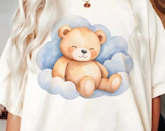 Oso de peluche en acuarela PNG, oso sobre nubes, diseño para sublimación infantil (descarga digital)