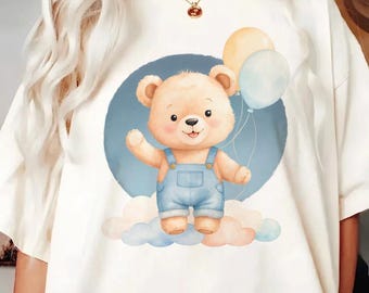 Oso de peluche en acuarela con globos PNG, imágenes prediseñadas para baby shower, decoración de guardería (descarga digital)