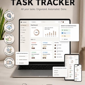 May include: A laptop, tablet, and two smartphones display a task management app interface. The screen shows a dashboard with task progress, charts, and automation rules. Text on the screen reads "ULTIMATE TASK TRACKER". Icons indicate instant download and video tutorial.