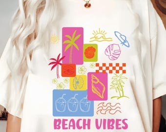 Immagine PNG con atmosfera da spiaggia, design estivo patchwork, grafica per maglietta preppy (download digitale)