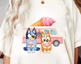 Imagen PNG de un perro azul con helado, estilo acuarela pastel veraniego (descarga digital).