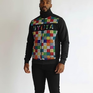 Men African Print Bomber Jacket Black Ankara Zip Up Jacket Colorful Patchwork Track Jacket Dashiki Streetwear Gift for Him
