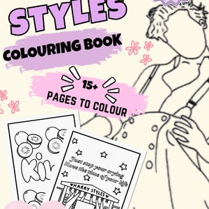 May include: A digital download colouring book with the text "HARRY STYLES COLOURING BOOK" in purple and black. The book includes over 15 pages to colour, with the words "PAGES TO COLOUR" in white. The image also includes a line drawing of a person.