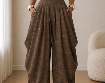 Pantaloni da donna a pieghe con tasche, vestibilità ampia, casual, gamba larga