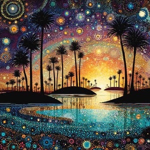 Peut inclure: Une peinture vibrante représente un coucher de soleil tropical. Des palmiers en silhouette se dressent sur des îles se reflétant dans l'eau. Le ciel est rempli de points et de cercles colorés, créant un effet étoilé. L'eau est une mosaïque de bleus et de verts.