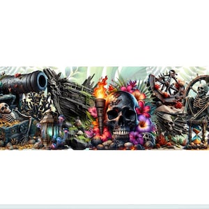 May include: A detailed illustration featuring pirate-themed elements. A black skull is surrounded by flowers and a burning torch. A cannon, treasure chest with a skeleton, and ship's wheel are also present. The background has tropical foliage.