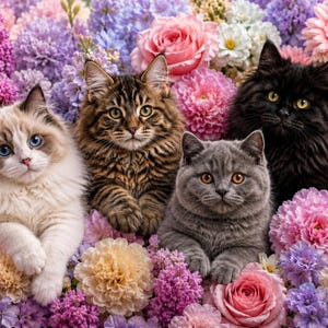 Peut inclure: Quatre chats de différentes races et couleurs sont nichés au milieu d'un éventail de fleurs vibrantes. Un Ragdoll aux yeux bleus, un tabby, un British Shorthair gris et un chat noir sont entourés de fleurs roses, violettes et jaunes.