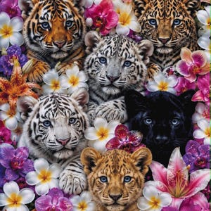 May include: A vibrant image featuring the faces of several big cat cubs, including tigers, leopards, and a black panther, surrounded by a colorful array of flowers. The cubs have striking blue eyes and are set against a backdrop of white, pink, and purple blossoms.