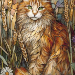Può includere: Un'opera d'arte in vetro colorato che raffigura un gatto tigrato arancione a pelo lungo con occhi verdi, posizionato tra steli di grano dorato e fiori colorati, tra cui margherite bianche e viola, con marcate linee di piombo scure.
