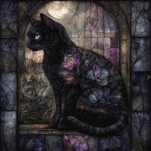 May include: A black cat with blue eyes sits in a window, its fur adorned with purple and blue floral designs. The stained-glass window features a moon and floral patterns, creating a gothic aesthetic.