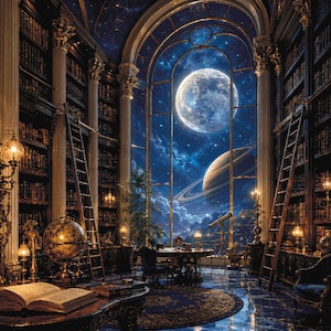 Puede incluir: Un gran interior de biblioteca con estanterías de madera oscura, escaleras móviles y un gran ventanal arqueado que revela un cielo nocturno con una luna llena brillante y un planeta con anillos. Un libro abierto y un globo terráqueo en un escritorio.