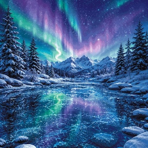 Könnte beinhalten: Eine lebendige digitale Illustration einer Winterlandschaft mit einem zugefrorenen See, der die leuchtenden grünen und violetten Farben der Polarlichter reflektiert. Schneebedeckte Tannen und schroffe, schneebedeckte Berge rahmen das Eis ein.