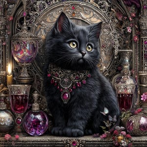 May include: A black cat with yellow eyes, adorned with a jeweled collar featuring pink gemstones. The cat is positioned amongst elaborate, antique-style decorations, including glass bottles, goblets, and a candle. The image has a gothic and luxurious feel, with intricate details and rich colours.