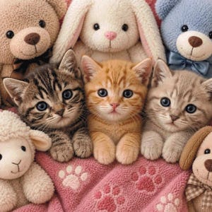 Può includere: Tre gattini, un tabby marrone, uno arancione e uno grigio chiaro, sono rannicchiati tra peluche tra cui un orso beige, un coniglio bianco, un orso blu, un agnello bianco e un cucciolo beige su una coperta rosa con motivo a impronte.