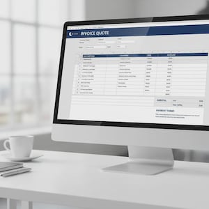 Op de afbeelding: Een computermonitor toont een offerte. Het scherm toont een tabel met kolommen voor artikelbeschrijving, hoeveelheid, prijs en bedrag. Een kopje koffie, een notitieboek en een pen liggen op het witte bureau.