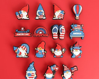 4th of July Shoe Charm Set, Patriotic Red White Blue Bundle, American Flag Gnome Clips, Independence Day Accessories