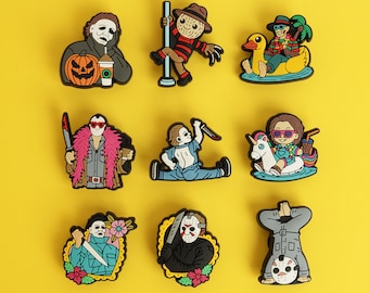 Slasher Movie Shoe Charms, Horror Film Clips, Halloween Clog Pins, Spooky Accessories