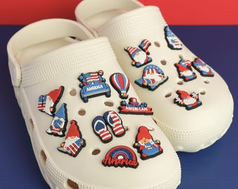 July 4th Shoe Charms, Patriotic American Flag Gnome Pins, Red White Blue Independence Day Accessories