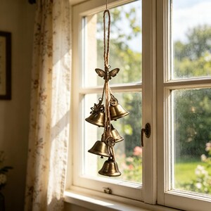 Campanelli da strega vintage per pomello della porta, campanelli di protezione fatti a mano, appendiabiti pagano per porta, campanelli da porta vintage in ottone