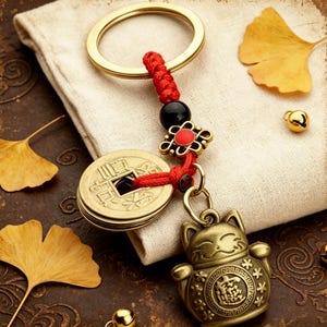 Lucky Cat Keychain – Antique Gold Feng Shui Coin Amulet Brass Lucky Cat Five Emperor Coins Keychain, Chinese Red String Fortune Charm,