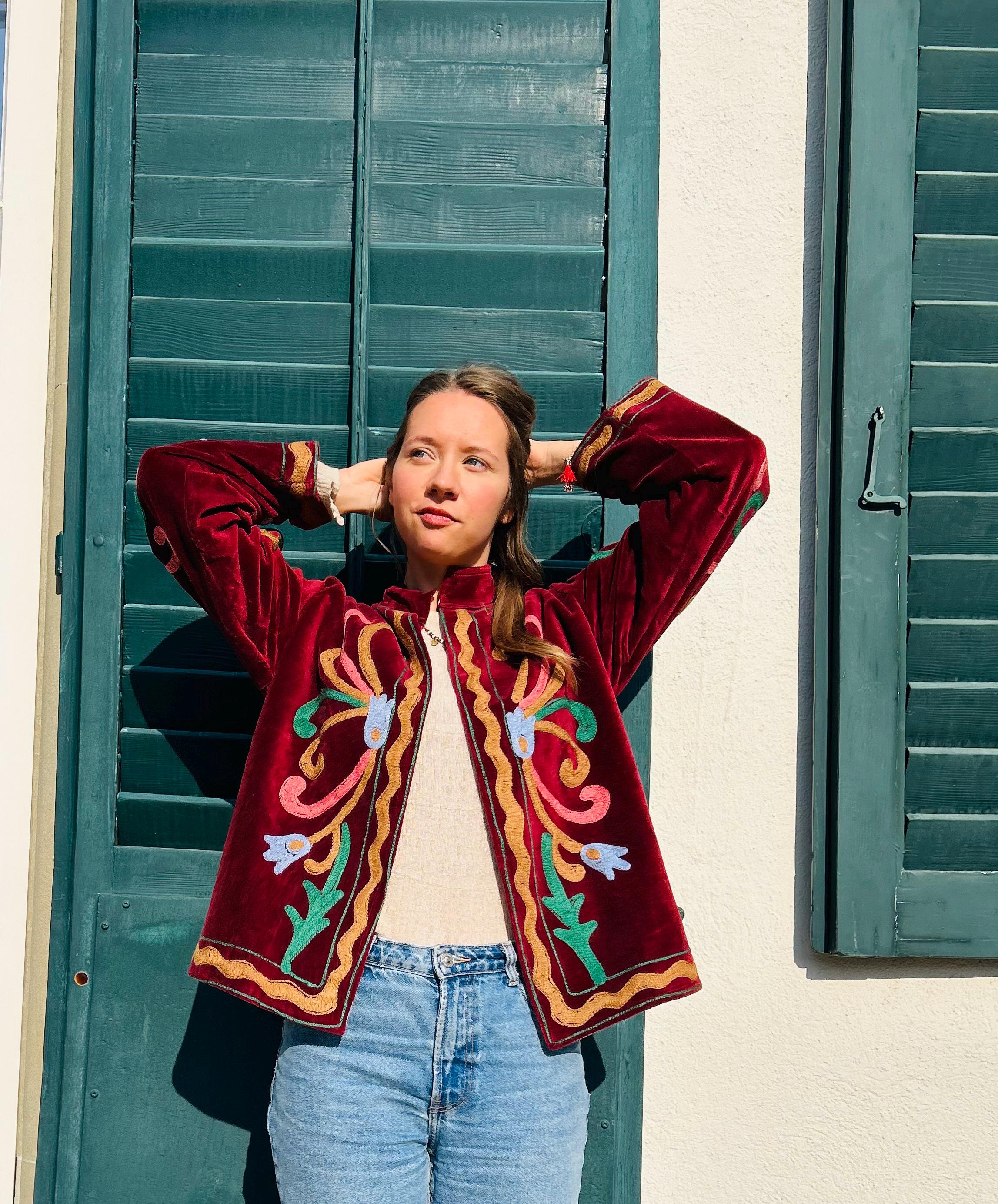 Velvet Suzani Jacket, Embroidered Boho Cropped Coat, Upcycled
