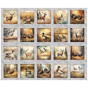 May include: A fabric panel featuring 20 squares, each depicting wildlife scenes. The squares showcase deer, ducks, turkeys, and other birds in natural settings. The artwork has a vintage, painterly style with muted colors.