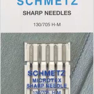 May include: A pack of five Schmetz Microtex sharp sewing machine needles, model 130/705 H-M, size 80/12. The white packaging features blue text, a logo with a lion, and a clear plastic case holding the silver metal needles in a vertical row.
