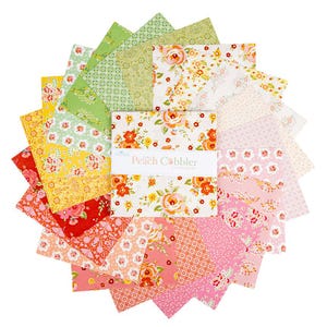 May include: A collection of fabric squares in a circular arrangement. The squares feature floral and geometric patterns in shades of red, yellow, green, and pink. The center squares have the text "Peach Cobbler".