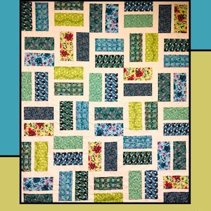 May include: A quilt pattern titled Lickety Split by Molly Cook for Villa Rosa Designs. The quilt features a grid of rectangular fabric blocks in various floral and geometric patterns in shades of green, blue, yellow, and red on a cream background.