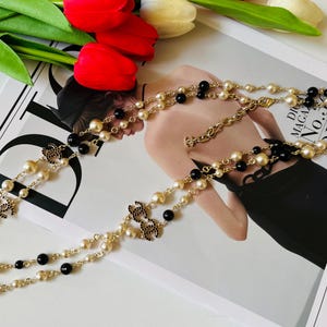 Chanel CC Long Pearl Necklace Black & White Beads Gold Tone Double Strand Layered Statement Necklace