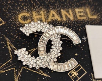 Chanel CC Crystal Rhinestone Brooch Silver Tone Baguette Cut Logo Pin Statement Sparkling Rare