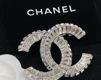 Chanel CC Crystal Oversized Brooch Silver Tone Baguette Rhinestone Logo Statement Pin