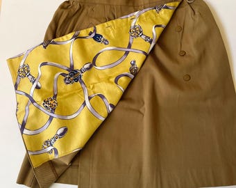 Vintage 90s Christian Dior Sports Wrap Skirt Silk Scarf Lining Equestrian Print Tan Midi Size L