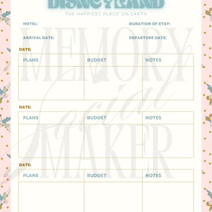 Może przedstawiać: Lista wspomnień z motywem Disneylandu z różowym tłem i wzorem Dzwoneczka i gwiazd. Na górze listy widnieje napis "Disneyland" i "The Happiest Place on Earth". Lista zawiera sekcje na hotel, datę przyjazdu, plany, budżet i notatki.