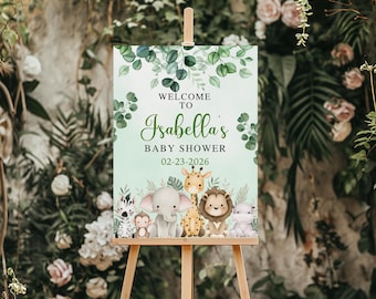 Bearbeitbares Safari Jungle Baby Shower Willkommensschild, Grüntiere Poster (Digitaler Download)