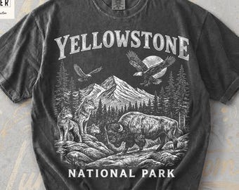 chemise vintage couleurs confort du parc national de Yellowstone, t-shirt graphique bison rétro, cadeau nature randonnée esthétique, t-shirt extérieur faune des années 90