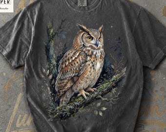 Vintage Owl Comfort Colors T-Shirt, Retro Nature Bird Graphic Tee, Washed Garment Dyed Shirt, Cottagecore Animal Lover Gift Idea