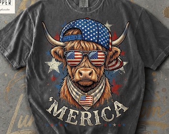 Merica Highland Cow 4th of July Comfort Colors Shirt, Funny USA Patriotic Tee, Vintage Western Independence Day Tshirt, American Farm Gift