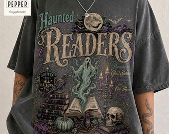 Spooky Book Lover Halloween Comfort Colors Shirt, Haunted Readers Tee, Bookish Fall Tshirt, Dark Academia Gift, Vintage Bookworm Ghost Top