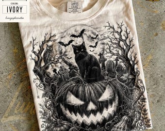 Pumpkin Cat Spooky Halloween Comfort Colors Shirt, Cute Black Cat Tee, Witchy Fall Tshirt, Spooky Season Gift, Vintage Retro Halloween Top